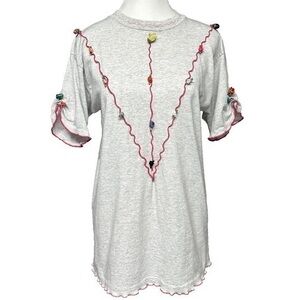 Vintage Embroidered 3D Flowers Embellished Cotton Gray T-Shirt Boho Cute Large